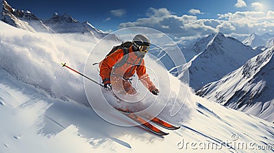 Sliding professional skier in orange warm sport suit with googles. Extreme downhill. Scenic picturesque mountain Stock Photo