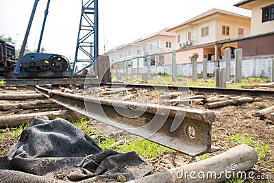 Sliding rail for pile driver Stock Photo