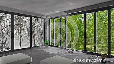 Sliding windows winter summer Cartoon Illustration