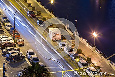 Sliema, Malta - January 9, 2020: Road at the harbor in Sliema city at night, Malta Editorial Stock Photo