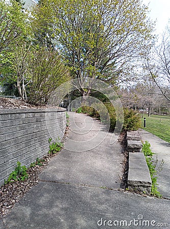 Slightly unkempt garden path and wall dried leaves stone Stock Photo