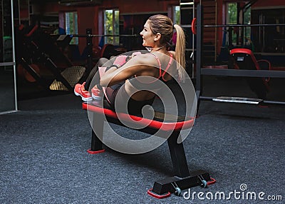 Slim, bodybuilder girl, does the exercises for press in the gym. Stock Photo