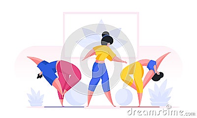 Slim cartoon women doing yoga in class Vector Illustration