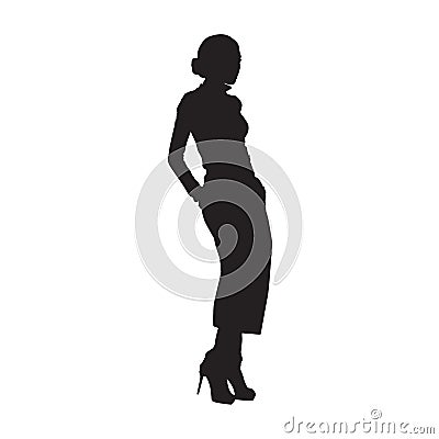 Fashion woman standing, posing female model in trousers with hands in pockets. Isolated vector silhouette Vector Illustration