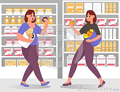 Slim and fat womans choices food in supermarket. Vector flat color icon Vector Illustration