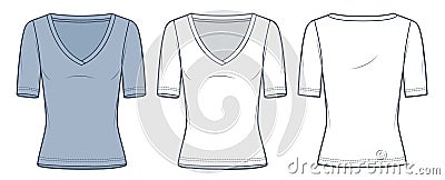 Slim Fit T-Shirt technical fashion illustration. Half Sleeve T-Shirt fashion flat technical drawing template, v-neck Vector Illustration