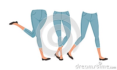 Slim Girl Legs in Denim Breeches in Various Poses Set, Female Person Character Creation Detail Cartoon Vector Vector Illustration
