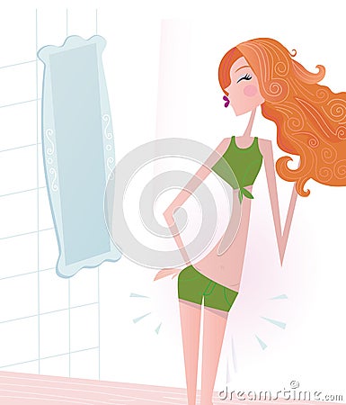 Slim girl is looking on her weight before mirror Vector Illustration