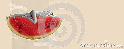 Slim girl lying on big slice of watermelon. Contemporary art collage. Healthy eating for bodies beauty. Body care, eco Stock Photo