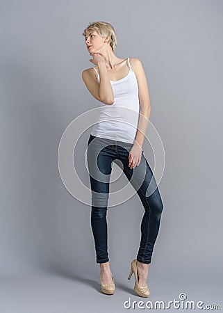 Full length portrait of girl snap in casual outfit Stock Photo