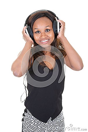 Slim pretty american african woman in head phone Stock Photo