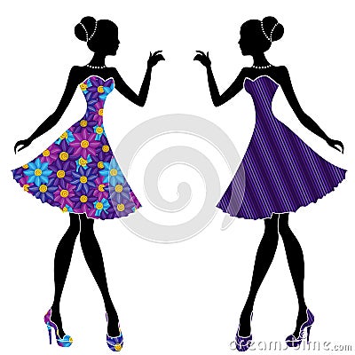 Slim stylish girls in short dresses Vector Illustration