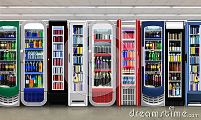 Slim vertical Fridges, Soda pop drinks and soft drinks in Fridge Stock Photo