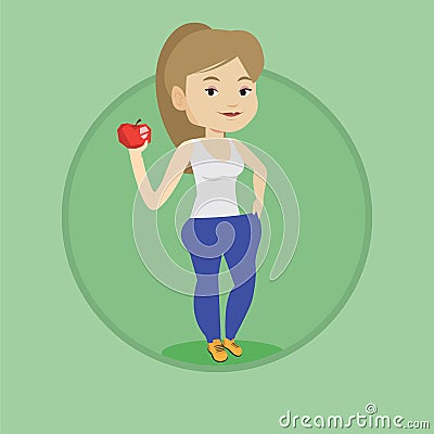 Slim woman in pants showing results of her diet. Vector Illustration