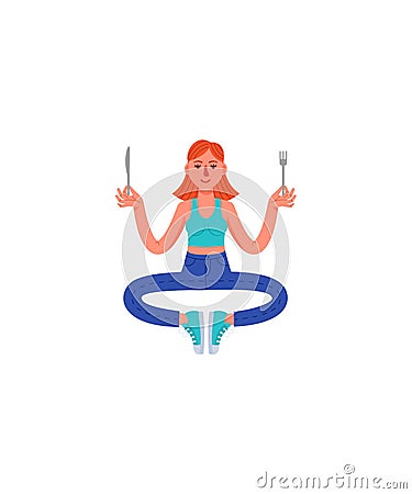 A slim woman sits in a pose of meditation with a fork and knife in her hands. Woman in jeans, t-shirt and sneakers. Healthy Cartoon Illustration