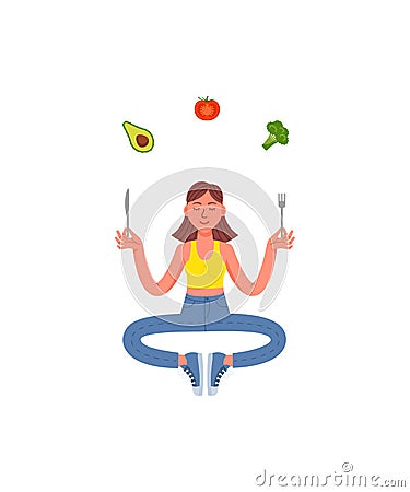 Slim woman sitting in meditation with a fork and knife in her hands and healthy food. Avocado, broccoli, tomato. Healthy lifestyle Cartoon Illustration