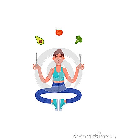 Slim woman sitting in meditation with a fork and knife in her hands and healthy food. Avocado, broccoli, tomato. Healthy lifestyle Cartoon Illustration