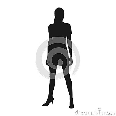 Slim young woman standing with crooked legs. Gril wearing short summer dress, front view. Isolated vector silhouette Vector Illustration