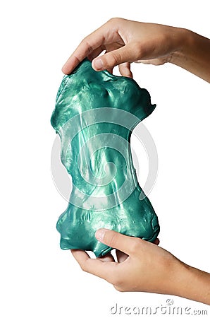 Slime elastic and viscous on child`s hand Stock Photo