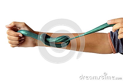 Slime elastic and viscous on child`s hand Stock Photo