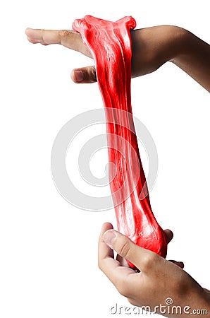 Slime elastic and viscous on child`s hand Stock Photo