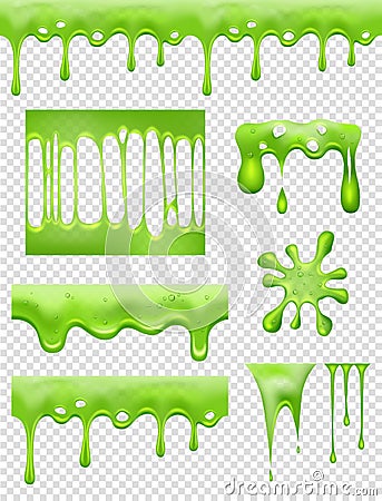 Slime. Green Glue dipping and flowing liquid drops and toxic splashes vector pictures Vector Illustration