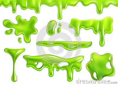 Slime green. Purulent blots slimy, goo splashes and mucus smudges. Bright toxic shiny liquid, spot of poison dribble Vector Illustration