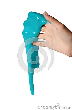 Slime elastic and viscous on child`s hand Stock Photo