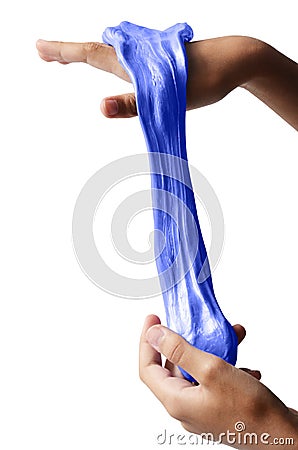 Slime elastic and viscous on child`s hand Stock Photo