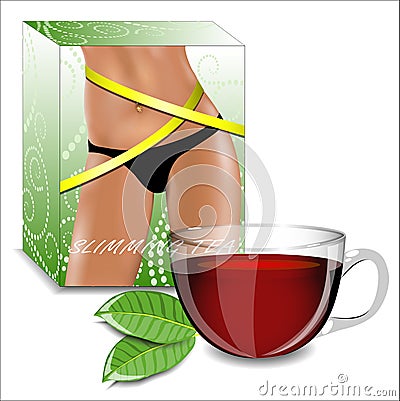 Slimming tea. Tea packaging with the image of shapely female hip Vector Illustration