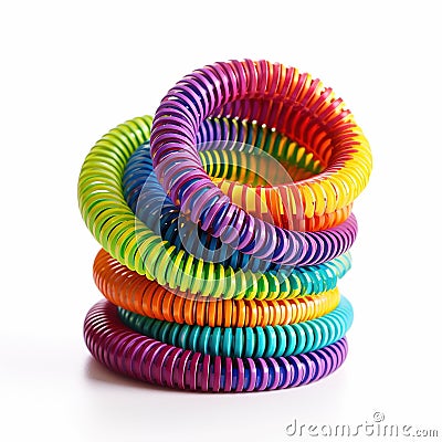 Slinky toy. Plastic spring isolated on white background. Bright spiral spring. Round cable spring Stock Photo