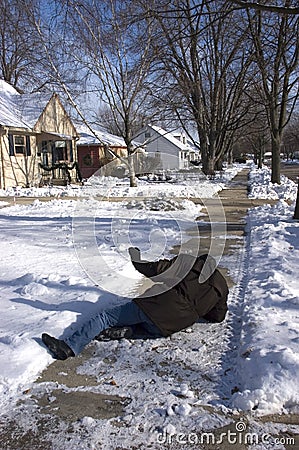 Slip, Fall on Icy Sidewalk, Home Accident Stock Photo