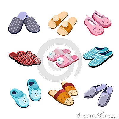 Slippers home footwear isolated pairs male female and for kids Vector Illustration