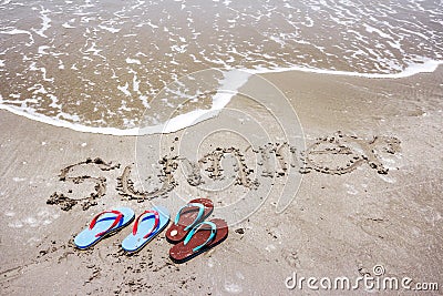 Slippers with summer handwritten on the beach Stock Photo