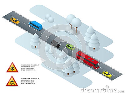 Slippery, ice, winter, snow road and cars. Caution Snow. Winter Driving and road safety. Urban transport. Vector Illustration