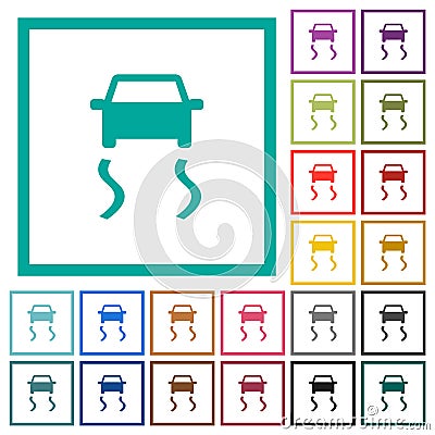 Slippery road dashboard indicator flat color icons with quadrant frames Vector Illustration