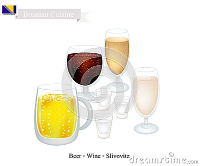 Slivovitz, Wine and Beer, Popular Beverage in Bosnia and Herzegovina Vector Illustration