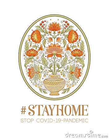 Slogan, hashtag stay home Stop COVID-19-pandemic sign . Vector Illustration