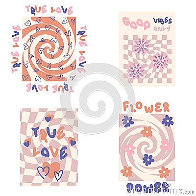 Slogan prints with groovy flowers collection in 1970s style. Hippie aesthetic stickers for T-shirt, textile and fabric. Hand drawn Vector Illustration