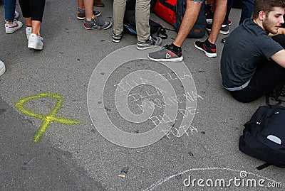 Slogans written on ground during demonstration independentist in Barcelona Editorial Stock Photo