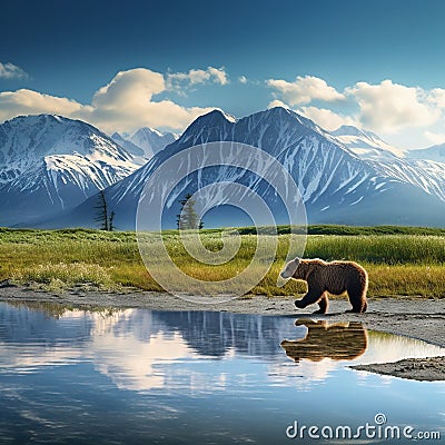 Slope Mountain Lake Clark Brown Bears Cartoon Illustration