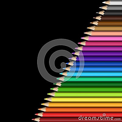 Sloping Line of Realistic Colorful Pencils on Black Background. Vector Illustration