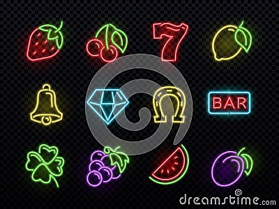 Slot machine bright neon vector symbols. Casino light gambling icons Vector Illustration