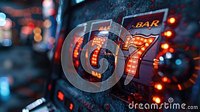 Slot Machine Displaying Lucky Sevens and Bar Symbols. Stock Photo