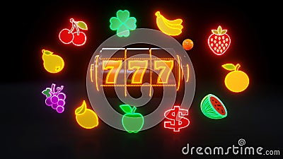 Slot Machine With Fruit Icons. Casino Gambling Concept With Neon Lights - 3D Illustration Stock Photo