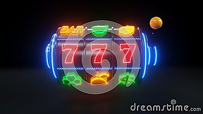 Slot Machine With Fruit Icons. Jackpot And Fortune. Casino Gambling Concept With Blue Neon Lights - 3D Illustration Stock Photo