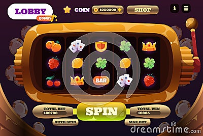 Slot machine game. Cartoon online casino web app UI, gamble game screen with interface elements and cartoon colorful Vector Illustration