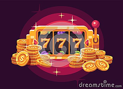 Slot machine with gold coin pile on red background. Casino flat illustration Vector Illustration