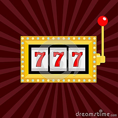 Slot machine. Golden color Glowing lamp light. 777 Jackpot. Lucky sevens. Red handle lever. Big win Online casino, gambling club s Vector Illustration