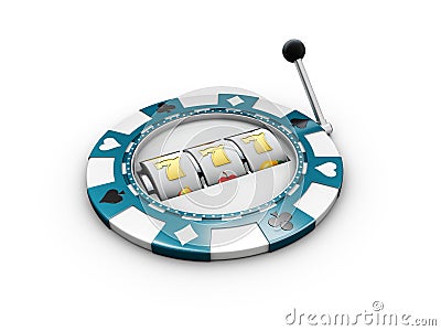 Slot machine with lucky sevens jackpot on the casino chip. 3d illustration Cartoon Illustration